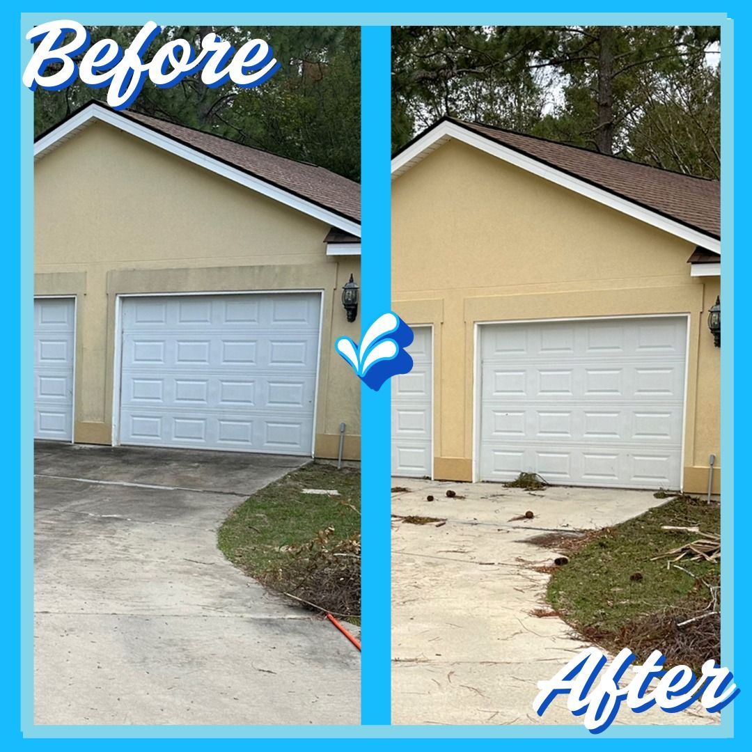 A before and after picture of a house with two garage doors.