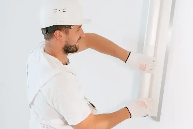 A worker in a hard hat and white work uniform applies white wallpaper to a plain wall.