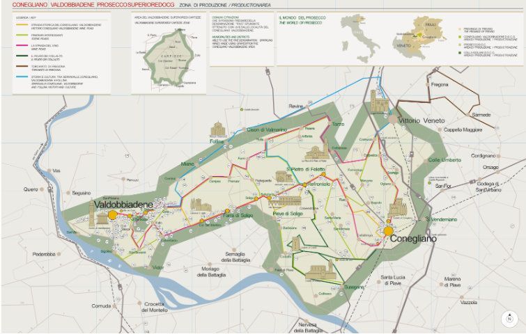 Kaart van de wijnstreken van de Valdobbiadene - Conegliano Prosecco DOCG