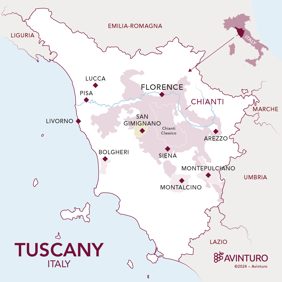 Kaart wijnstreek Toscane in Italië - Ontdek de Toscaanse wijnregio's