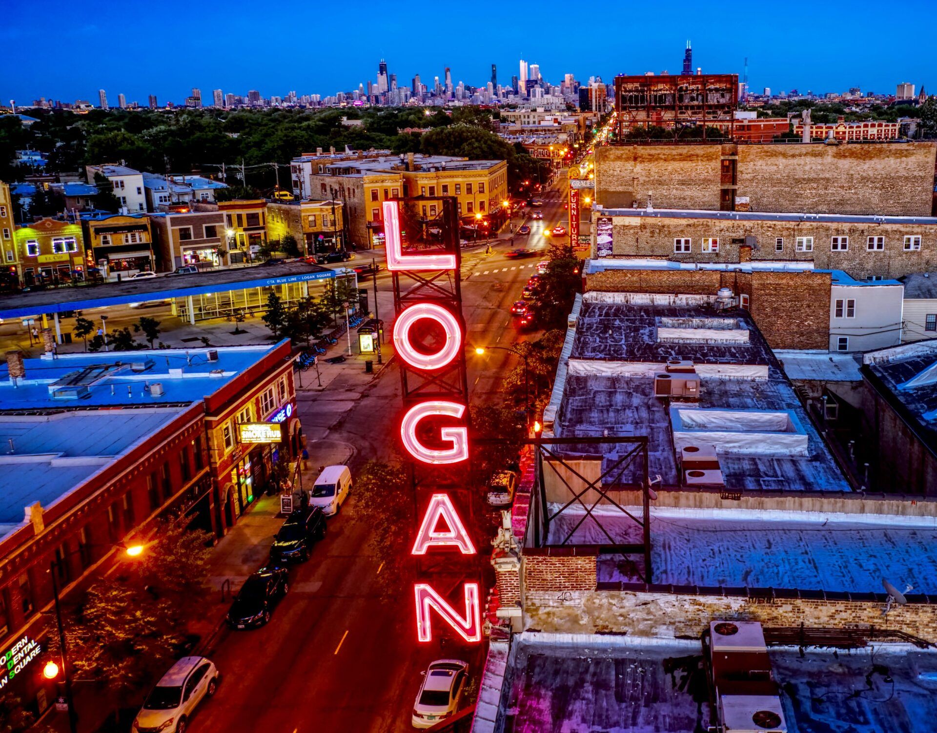 An aerial view of logan street at night