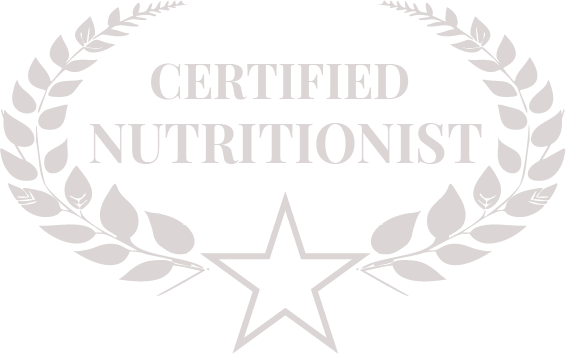 A certified nutritionist logo with a laurel wreath and a star.