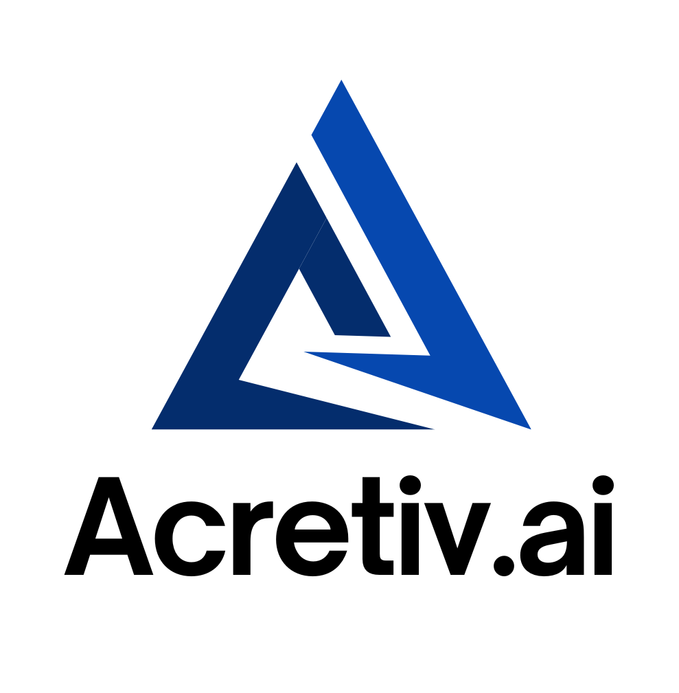 A blue and white triangle with the words acretiv.ai below it