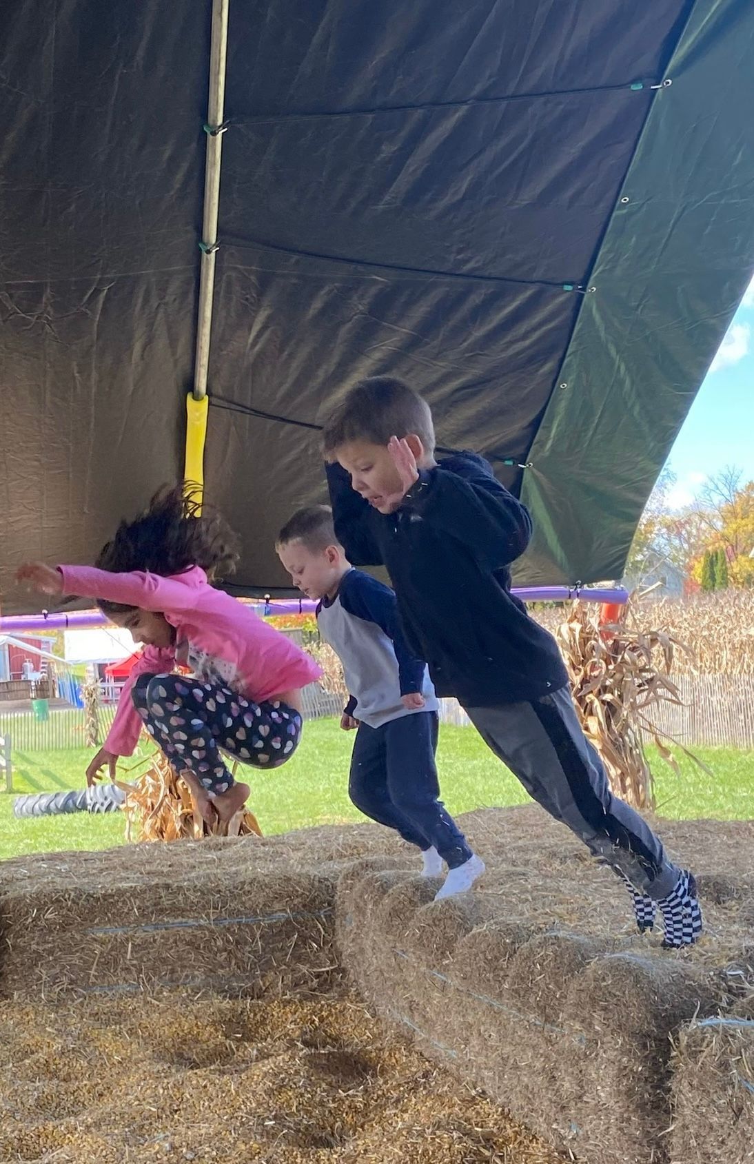 A group of children are jumping over hay bales.