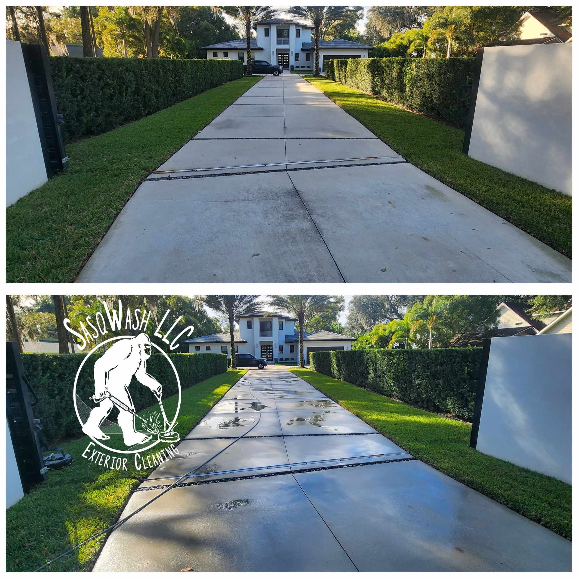 A before and after photo of a concrete driveway