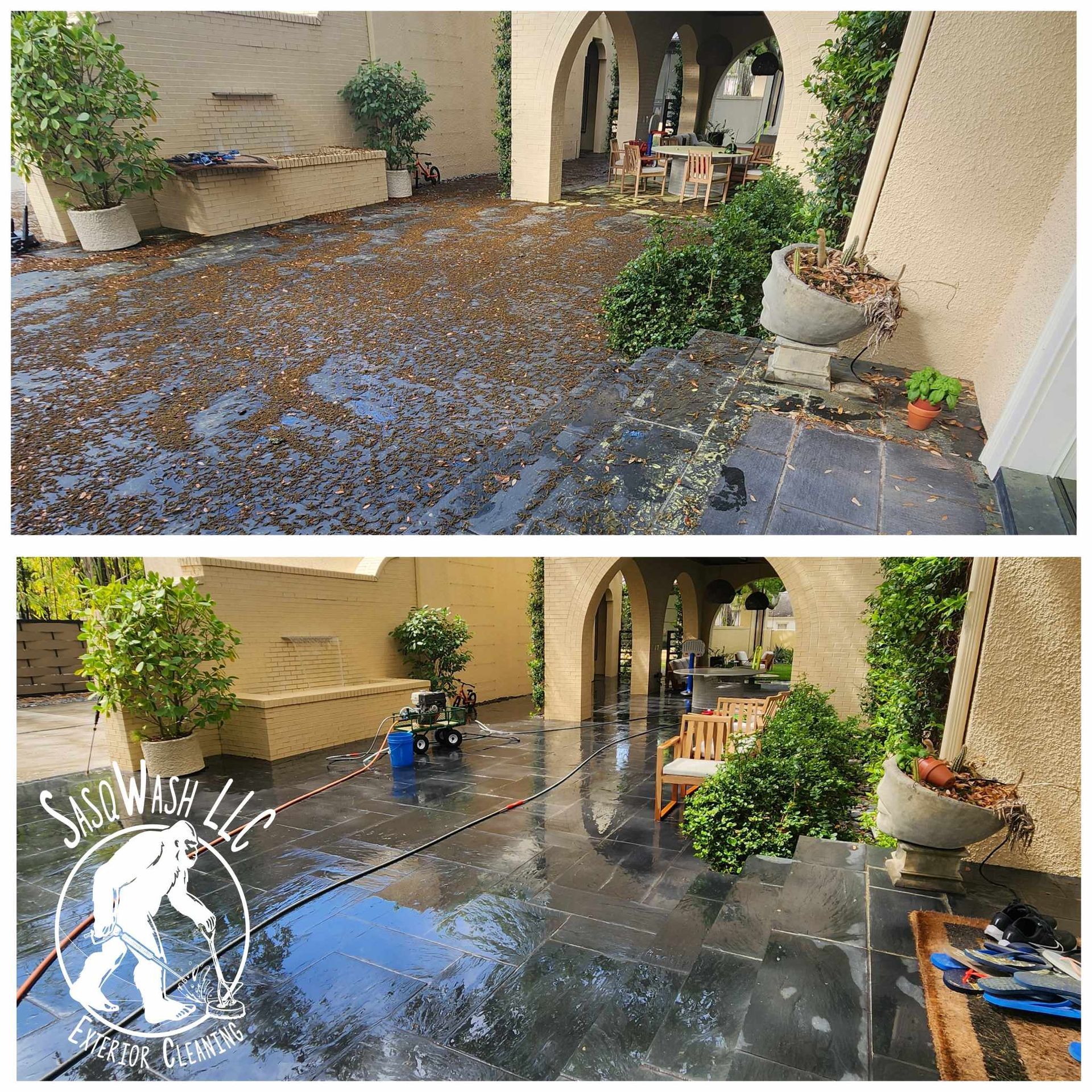 A before and after photo of a patio being cleaned with a pressure washer.