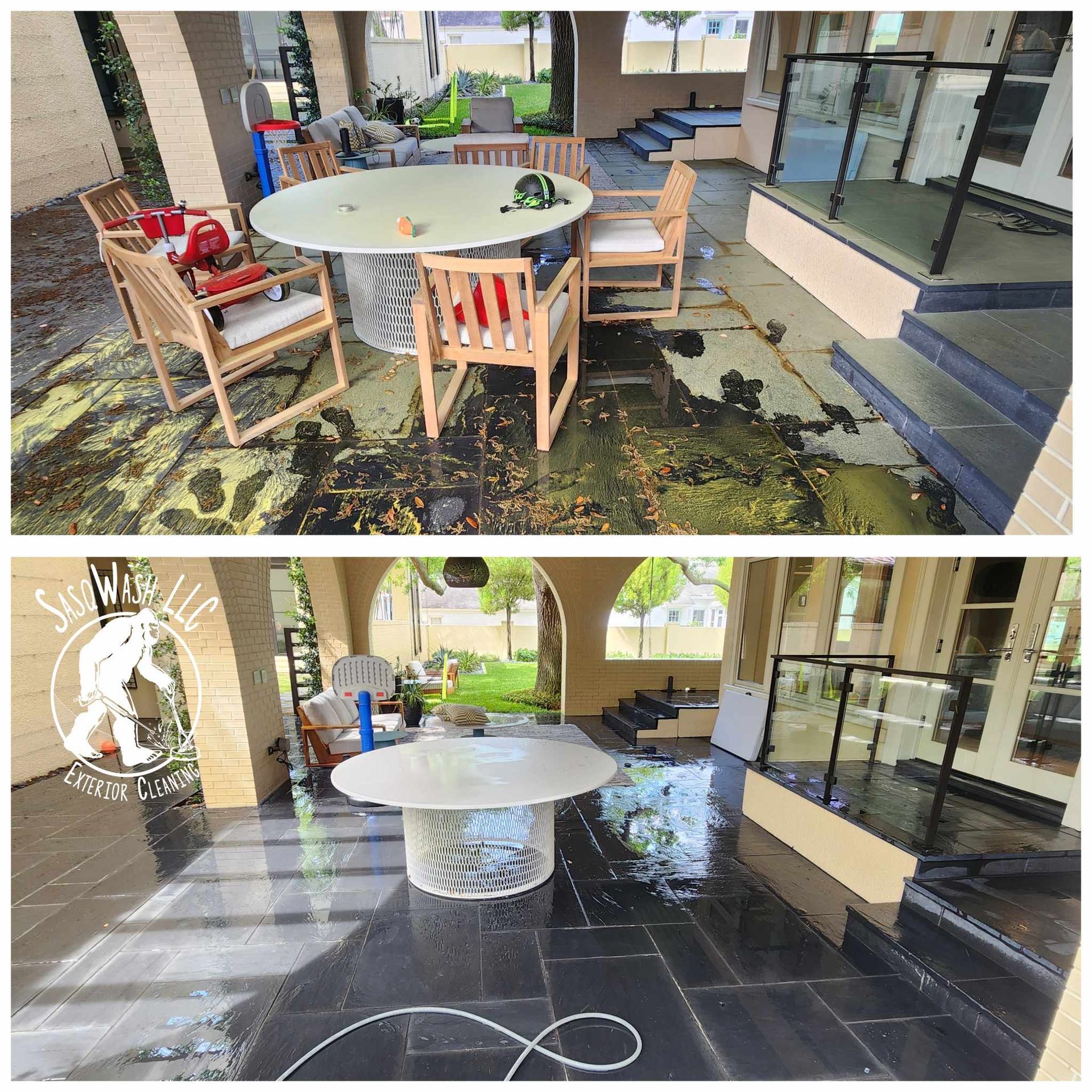 A before and after photo of a patio with a table and chairs.