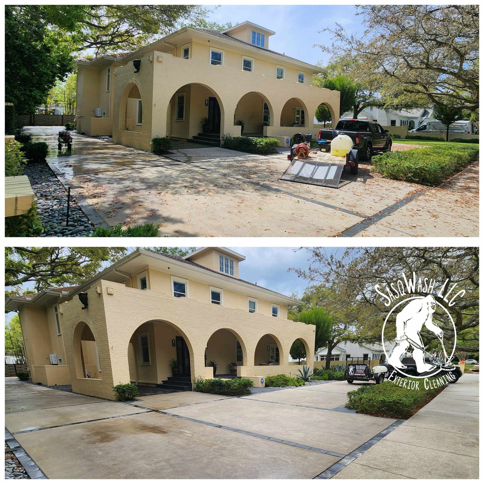 A before and after picture of a house being painted.