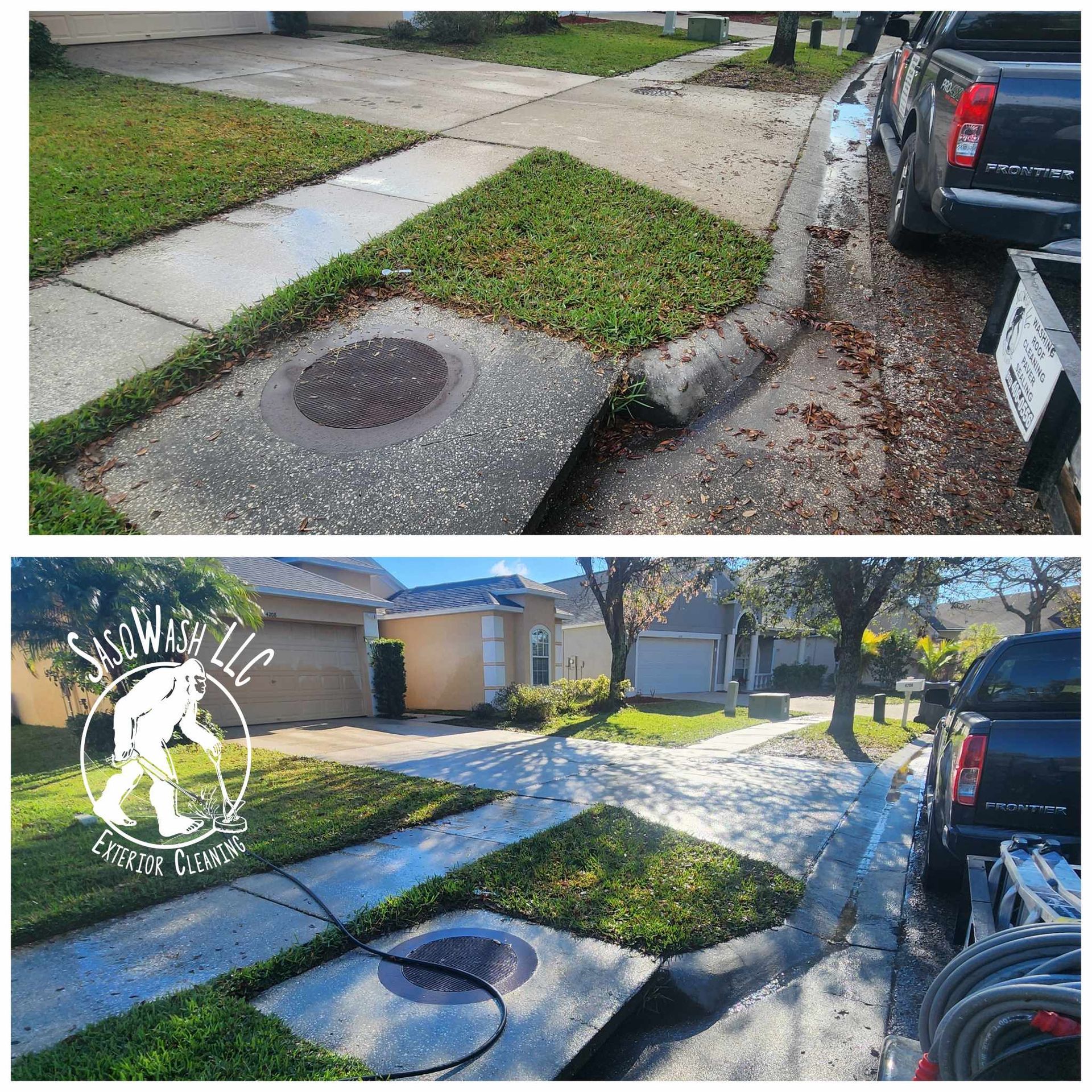 A before and after photo of a sidewalk with a manhole cover.
