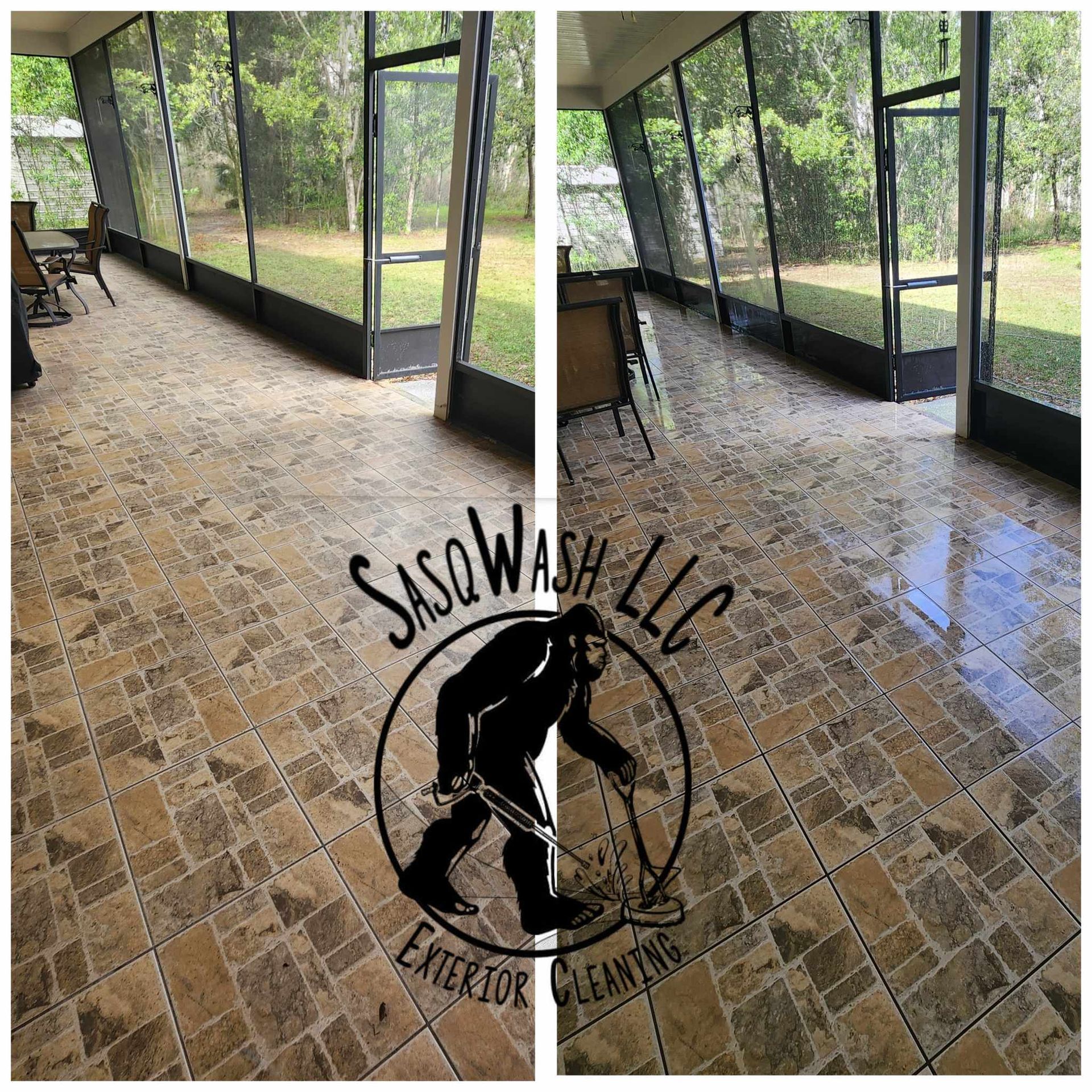 A before and after photo of a tile floor in a screened in porch.