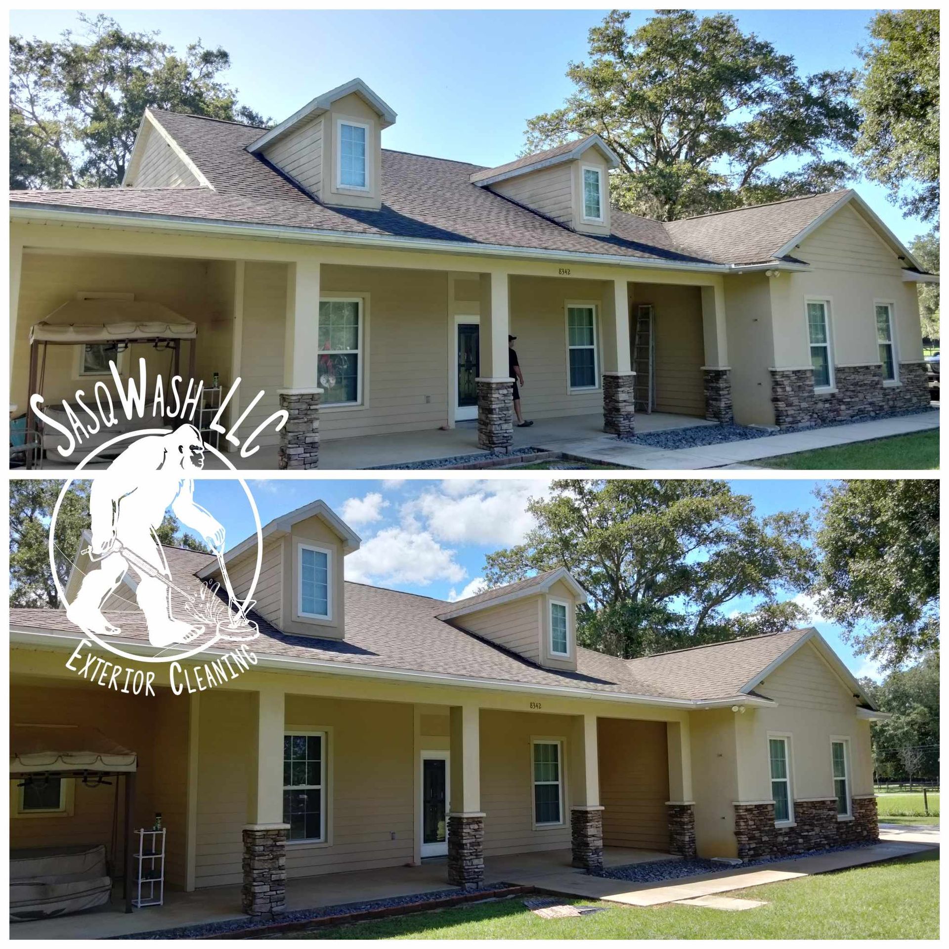 A before and after picture of a house with a porch.