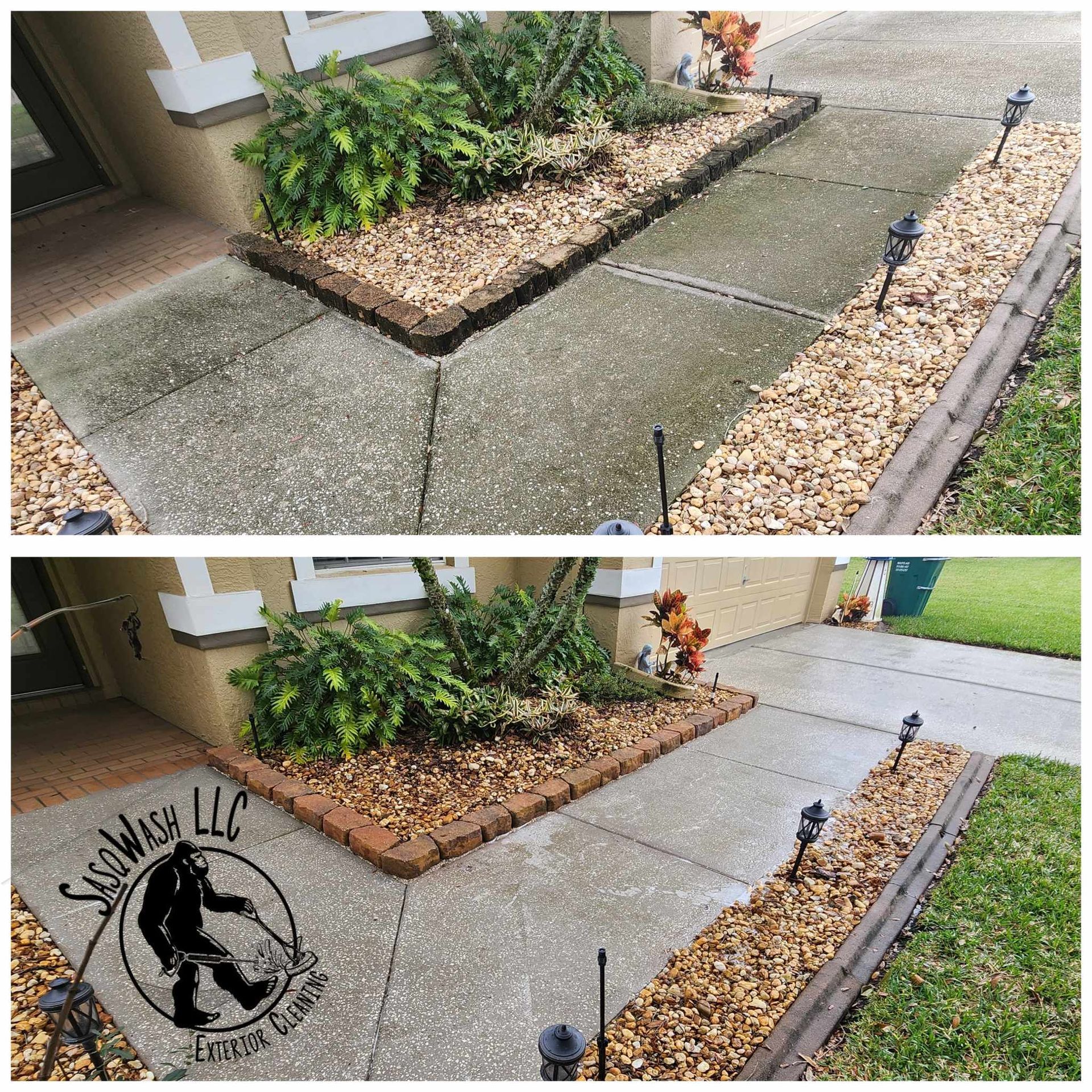 A before and after photo of a concrete walkway.
