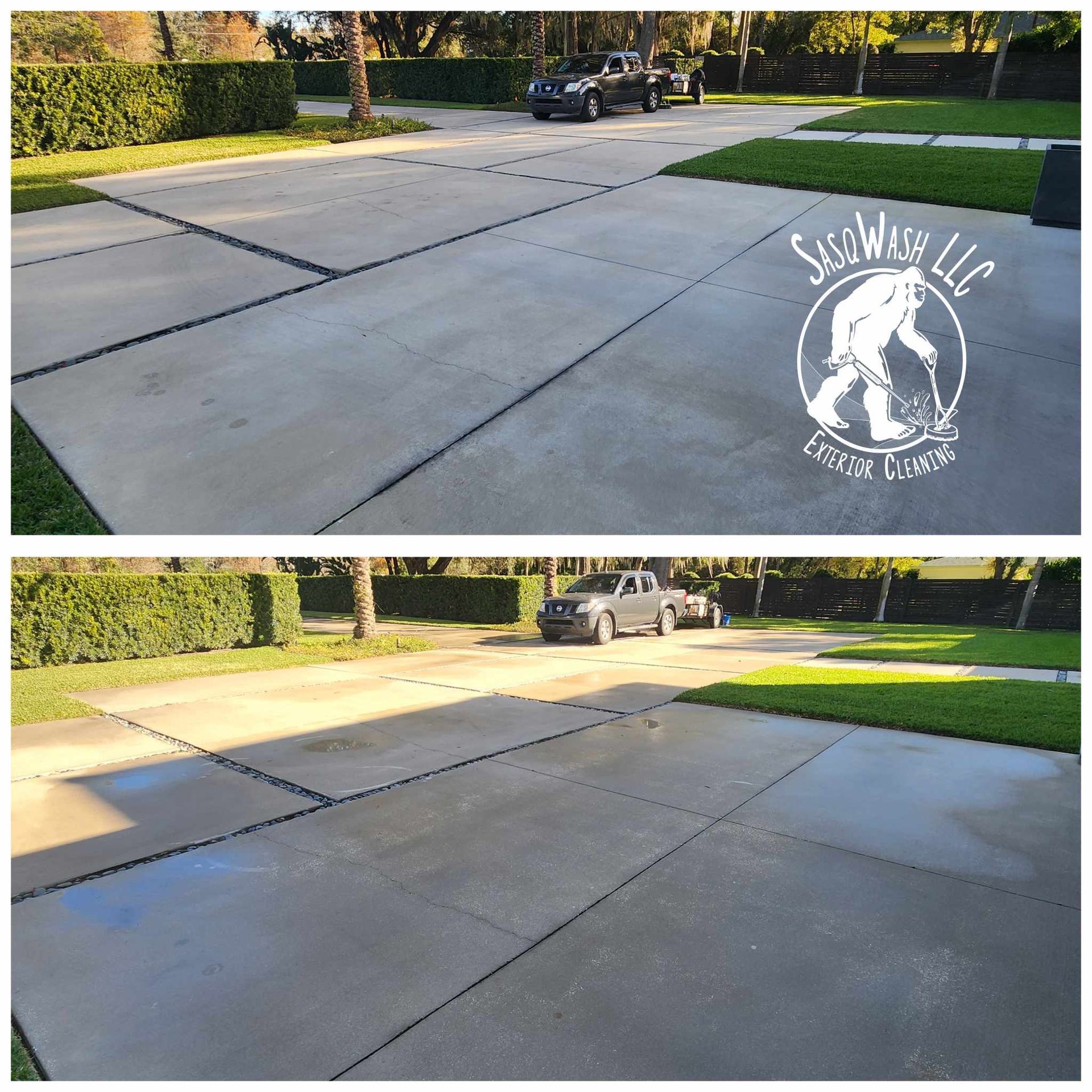 A before and after photo of a concrete driveway.