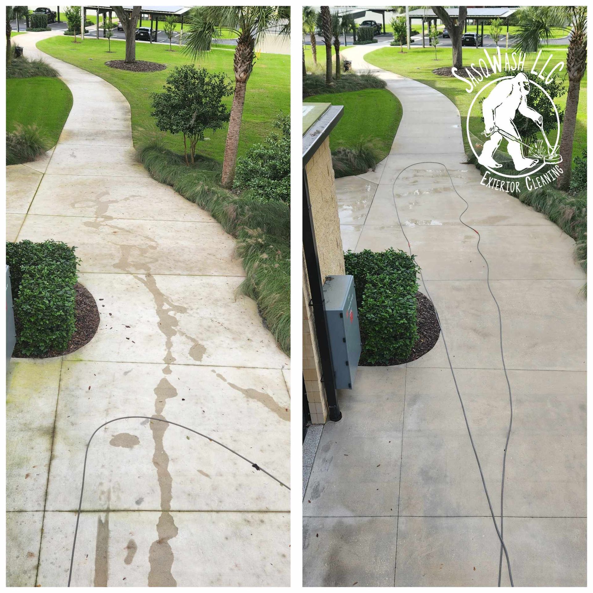 A before and after photo of a sidewalk in a park