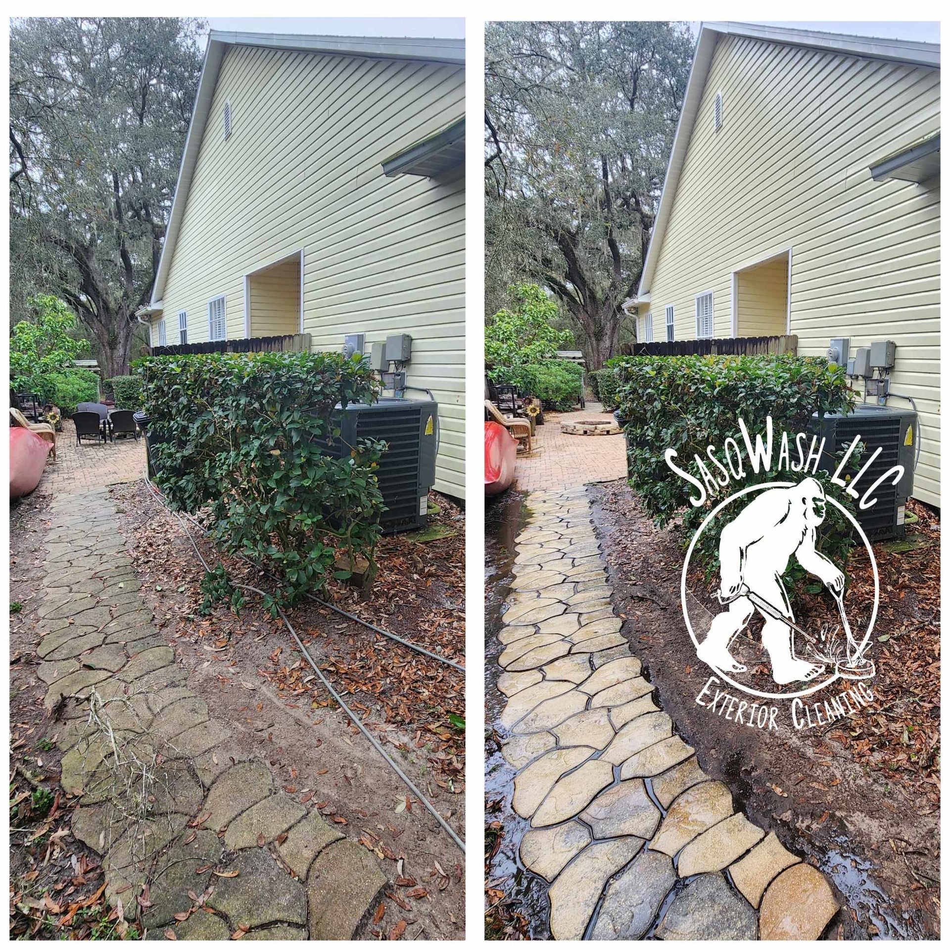 A before and after picture of a house with a walkway leading to it.