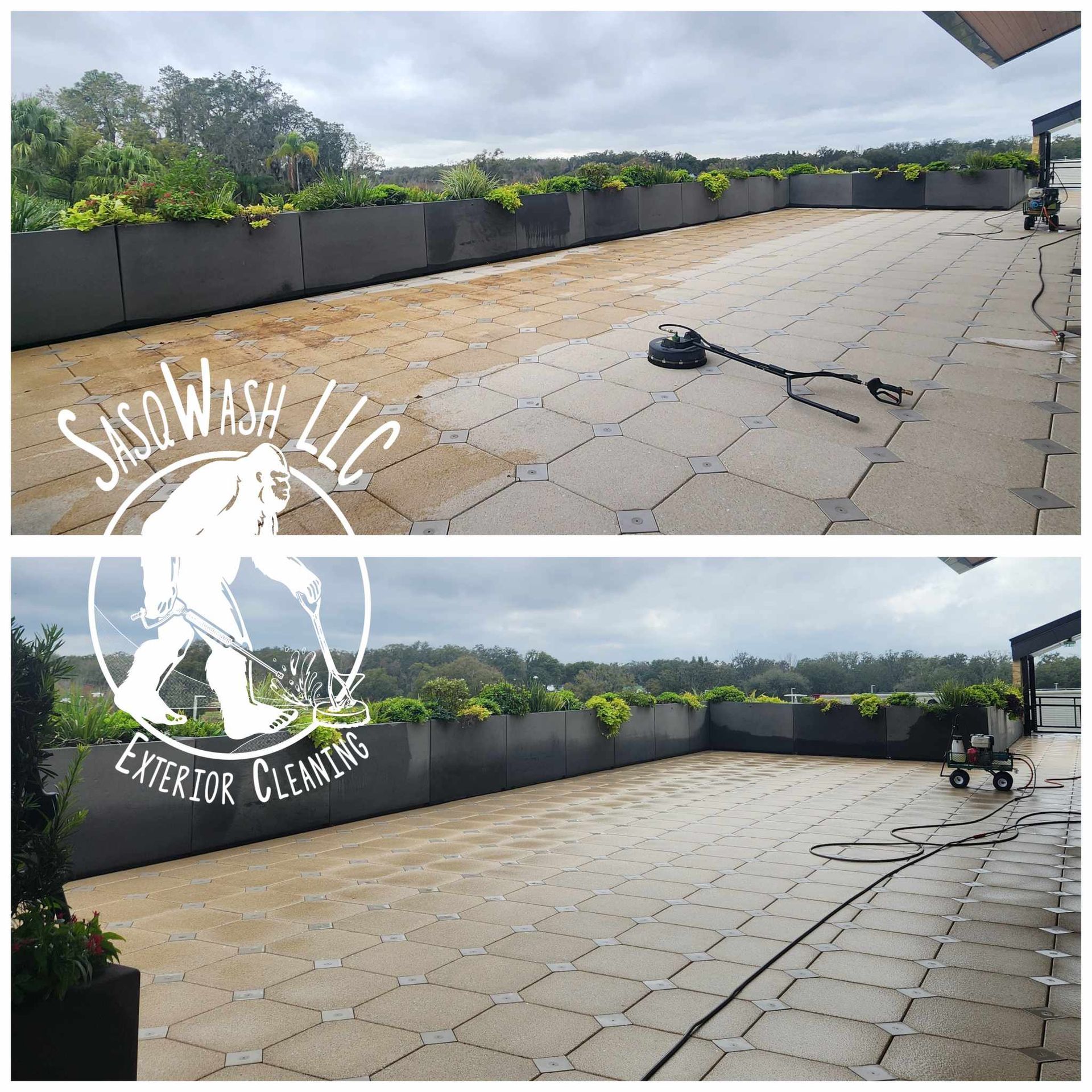 A before and after photo of a patio being cleaned by saso wash llc.
