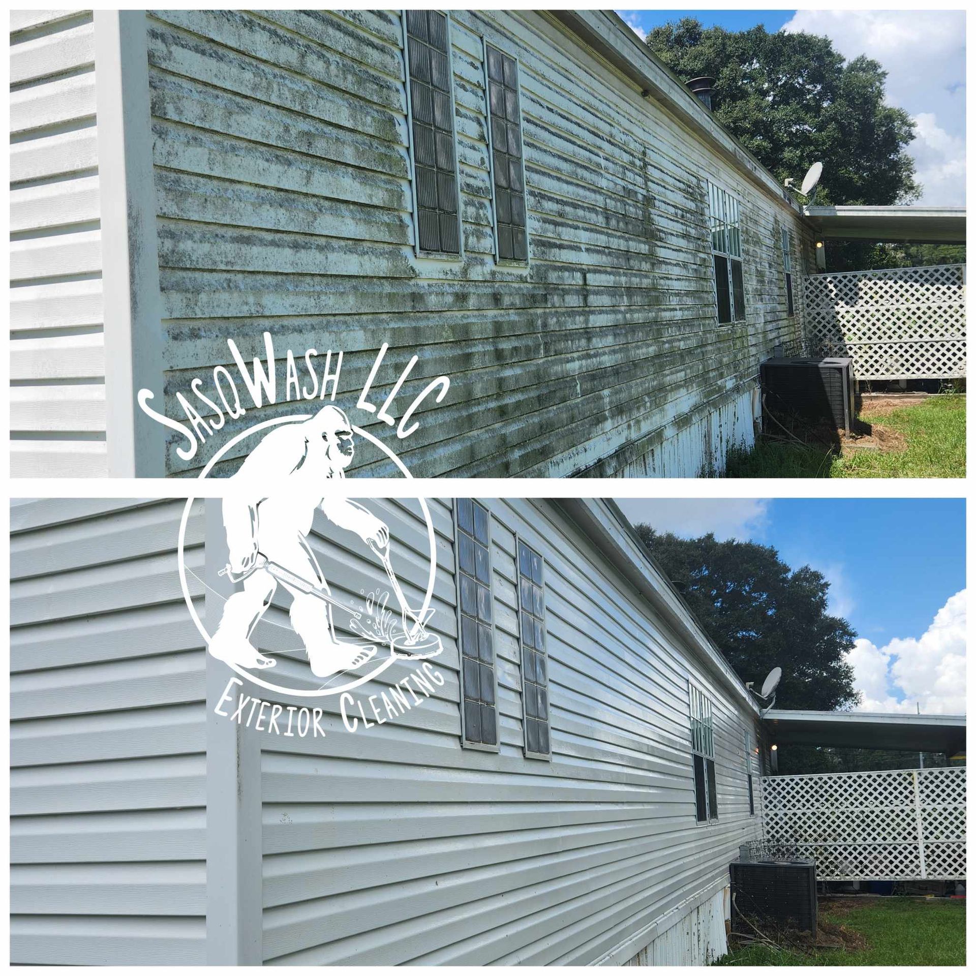 A before and after picture of a mobile home being cleaned by sass wash llc.