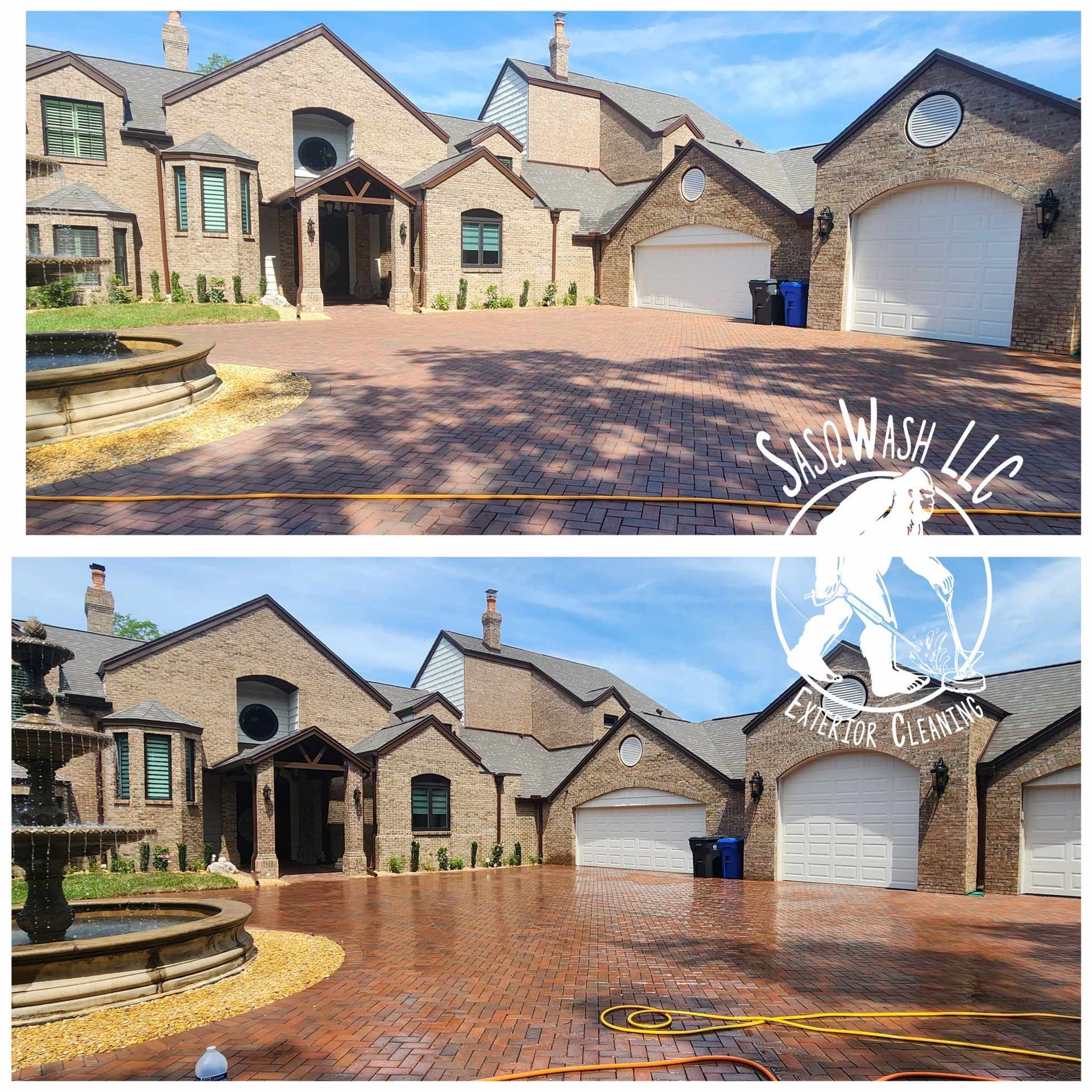 A before and after photo of a brick house with a fountain in front of it.