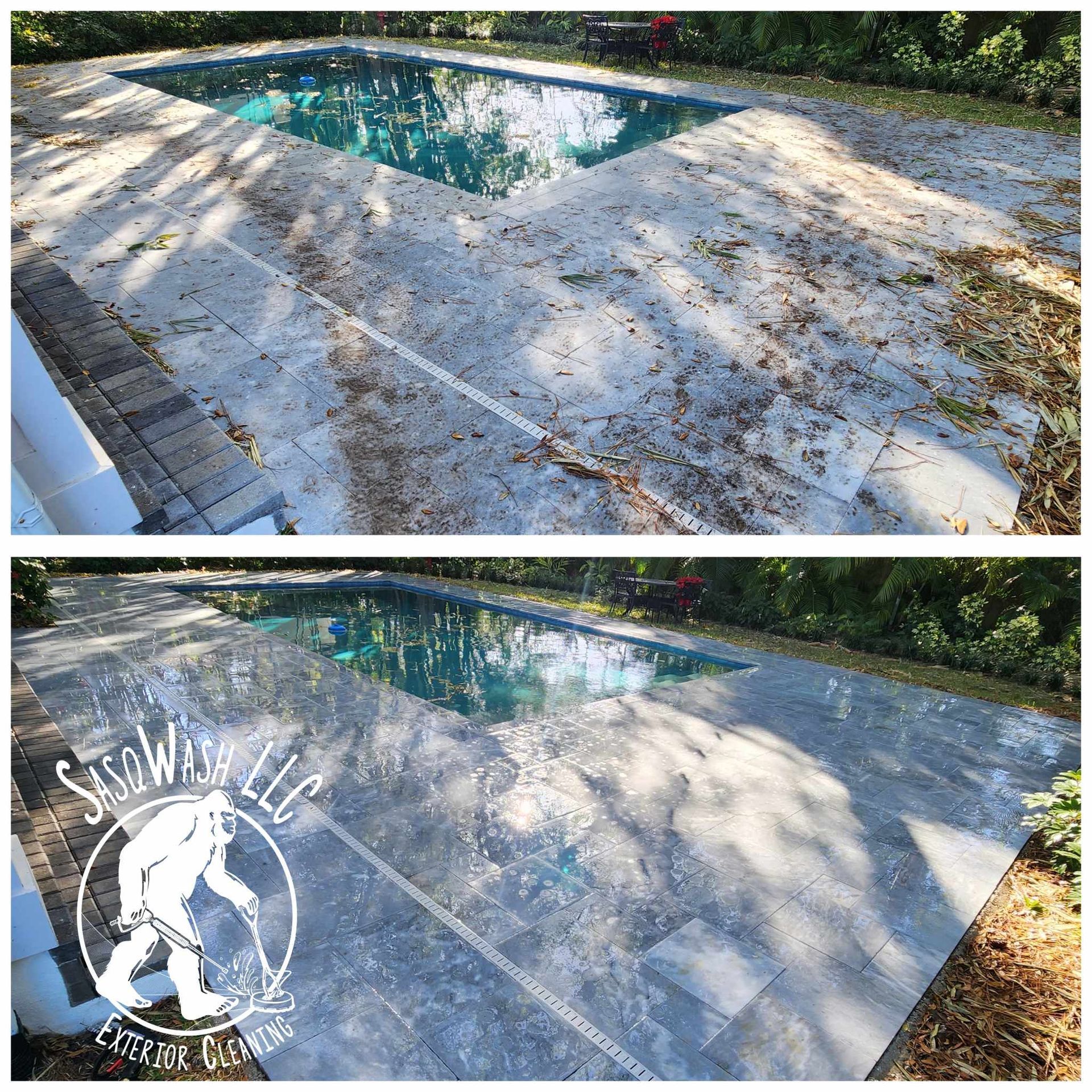 A before and after photo of a patio next to a pool.