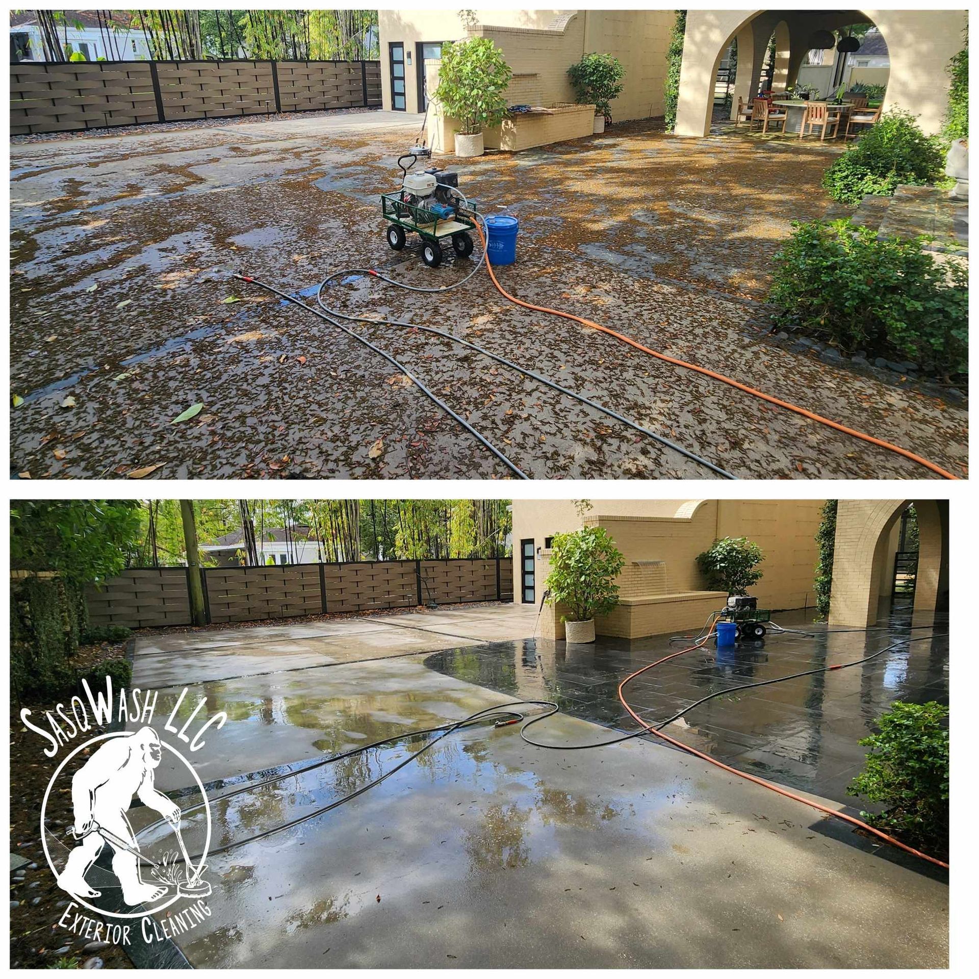 A before and after picture of a driveway being cleaned with a pressure washer.