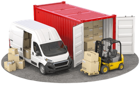 White van and red shipping container with open doors, containing cardboard boxes. A forklift loads boxes.