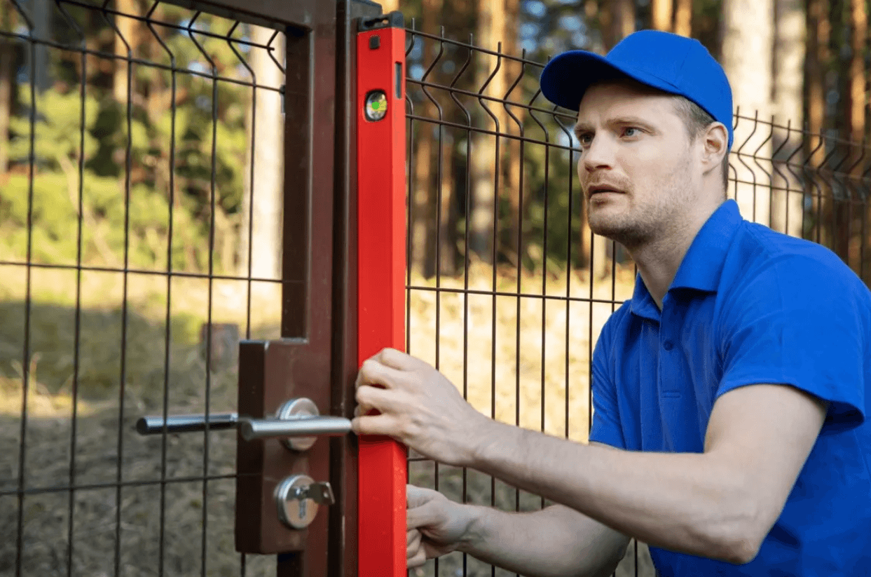 worker fixes a hanging fence gate so that it closes properly. cattle fencing and steal fence gate.