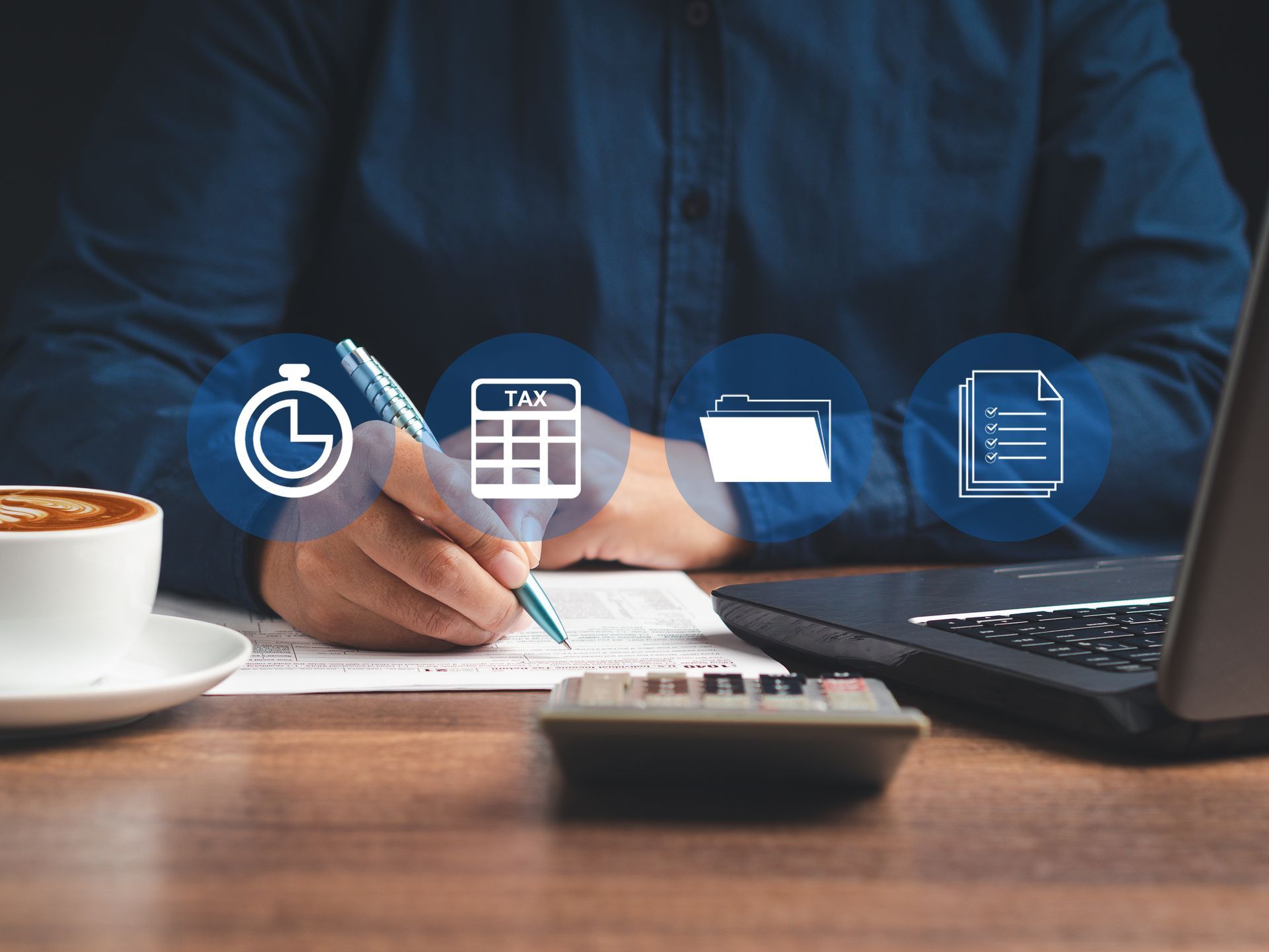 Person writing on paper, icons of time, calculator, folder, and document floating above. Coffee and laptop on desk.