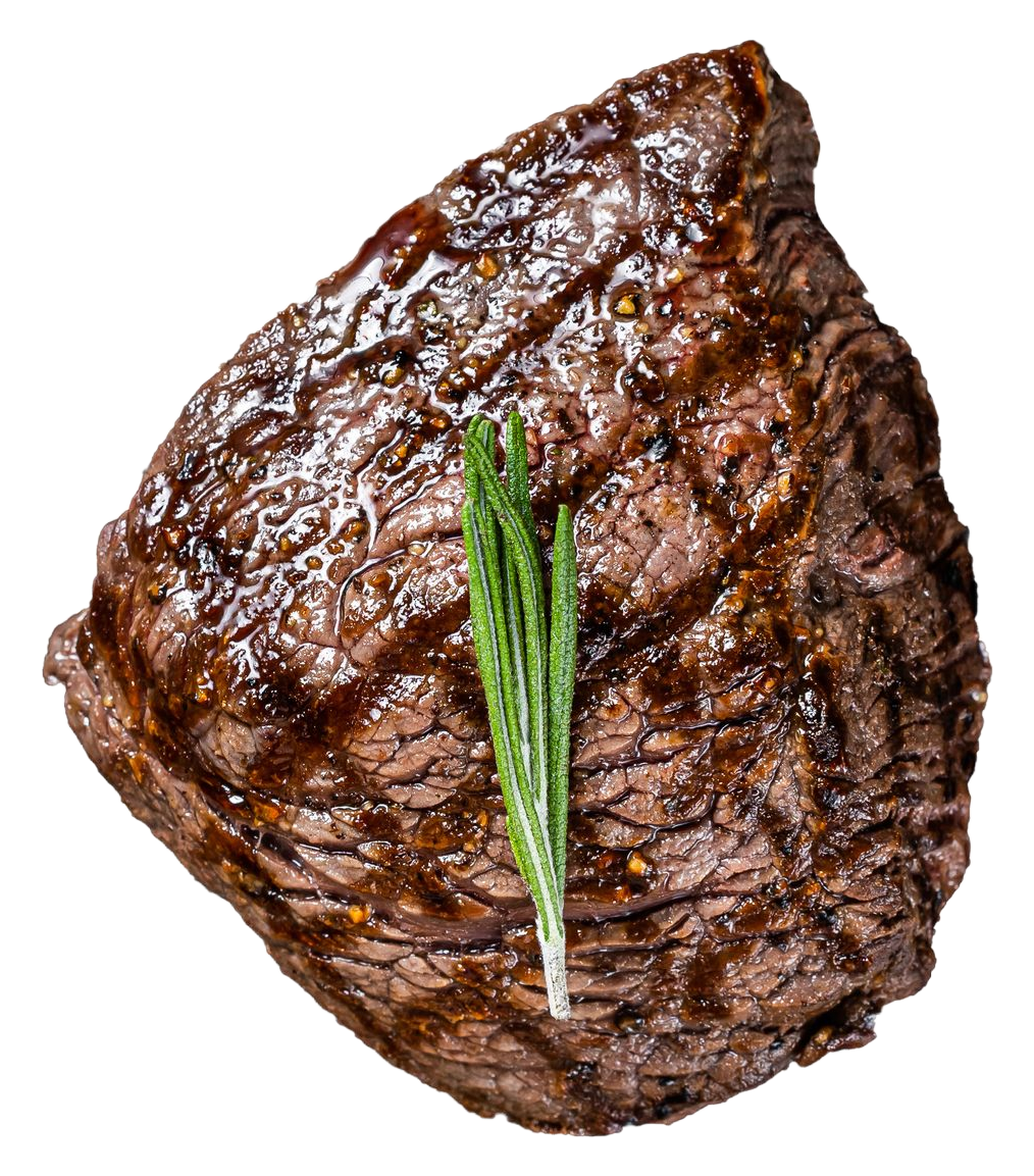 Grilled steak with grill marks and sprig of rosemary.