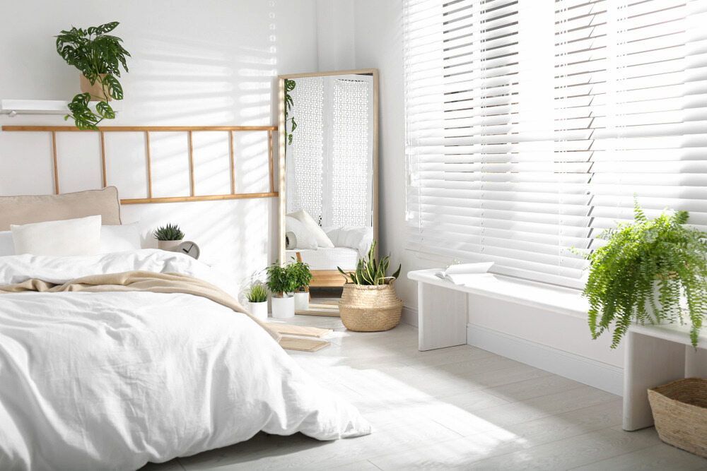 A Bedroom With a Bed, Mirror, Plants and Blinds — Bulli Glass in Bulli, NSW
