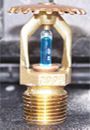 Fire sprinkler head, brass-colored with glass bulb, mounted on a threaded pipe fitting.