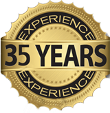Gold seal with "35 YEARS EXPERIENCE" in black text.