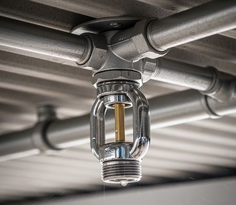 Fire sprinkler head with metal pipes, mounted on a ceiling.