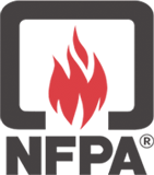 NFPA logo: Red flame within a black outlined square, with "NFPA" in black text below.