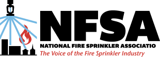 Logo for the National Fire Sprinkler Association: black letters, sprinkler illustration with blue spray, red flame.