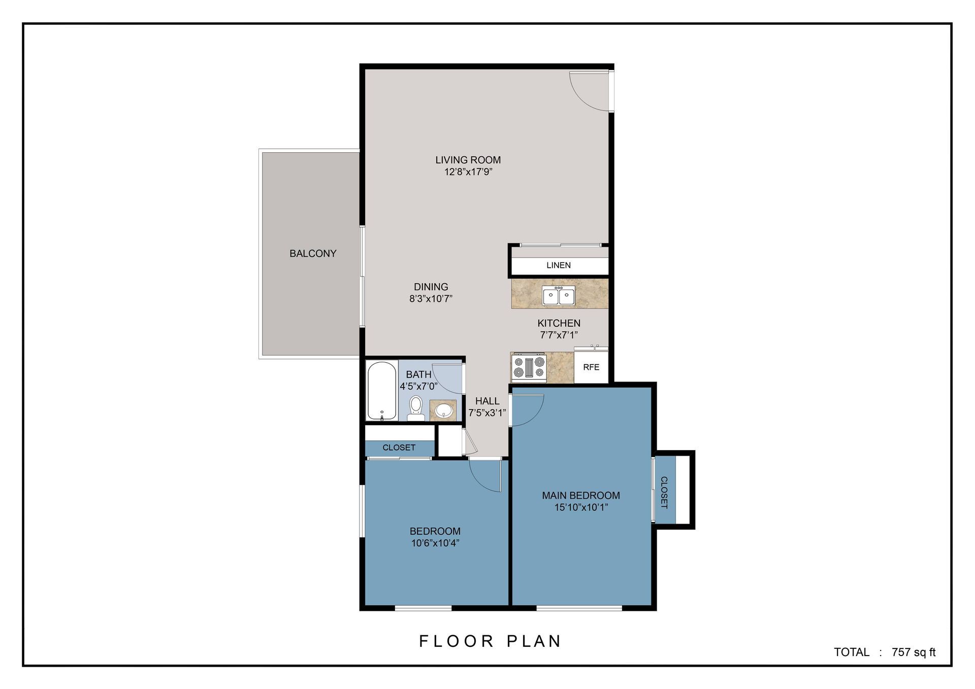 2 bed 1 bath floor plan
