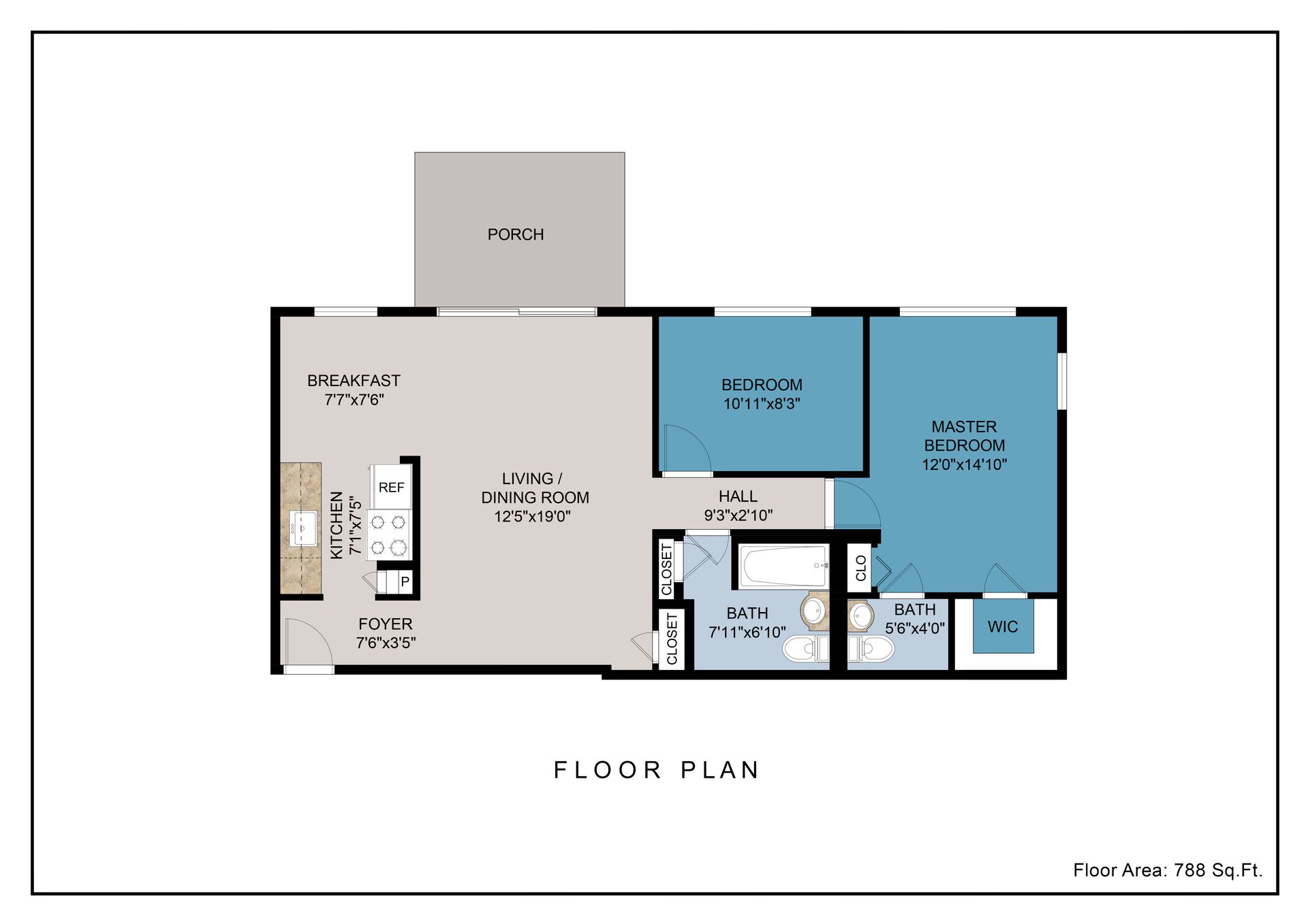 2 bed 1.5 bath floor plan