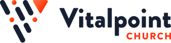 Vitalpoint Church logo with navy and orange abstract mark and text on white background