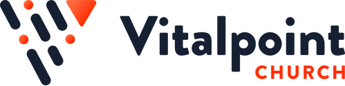Vitalpoint Church logo with navy and orange abstract mark and text on white background