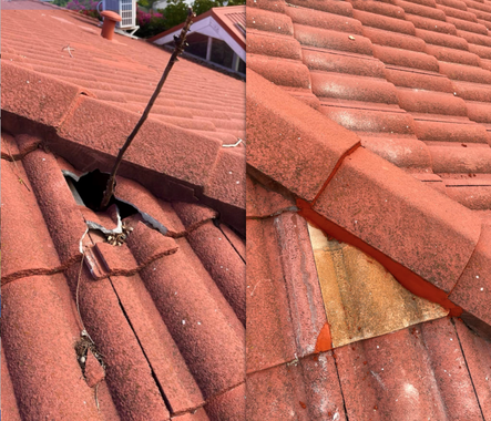 a before and after picture of a roof with a hole in it