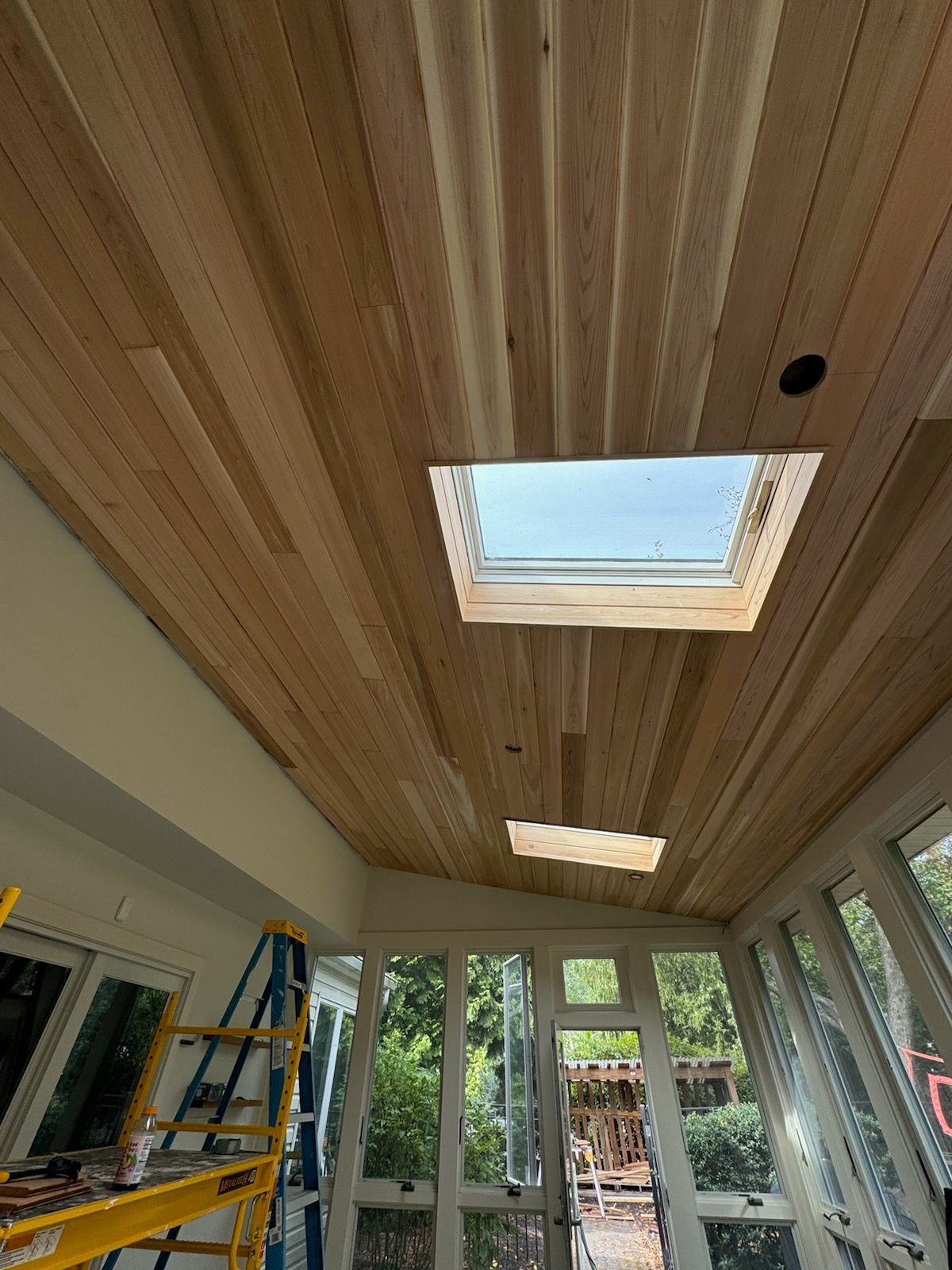 Wooden plank ceiling with two skylights in a sunroom; blue ladder in corner, glass windows to outside.