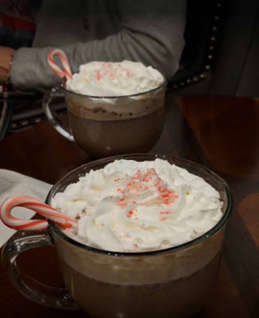 Two cups of hot chocolate with whipped cream and candy canes