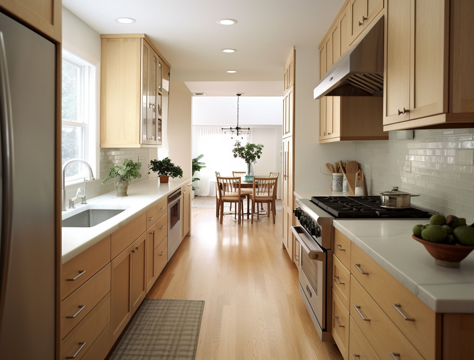 Narrow kitchen with light wood cabinets, stainless steel appliances, and a dining area visible at the end.
