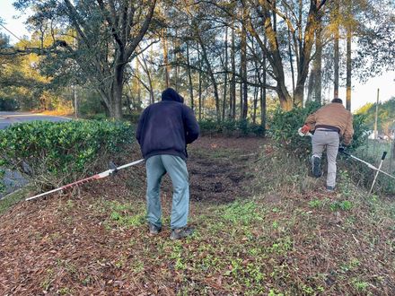 Two people working in a leaf-covered yard, raking near a wooded edge with caution tape.