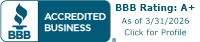 BBB Accredited Business logo with an A+ rating as of 3/31/2026.