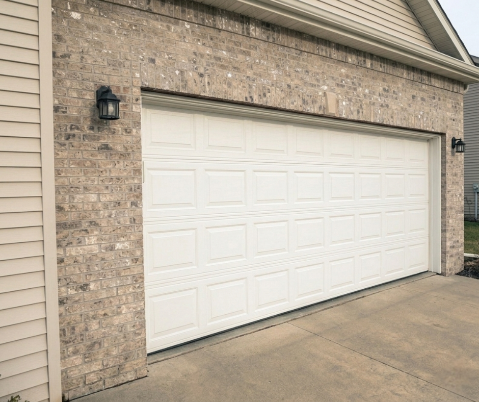 Repaired white double garage door on a beige brick house with a concrete driveway.