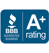 A blue sign that says bbb accredited business a+ rating.