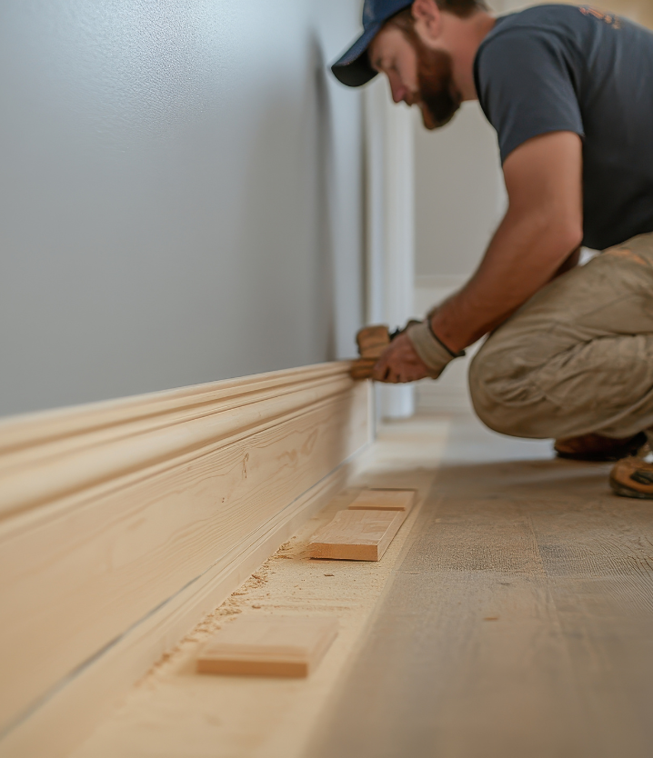 A man kneels, installing baseboard trim in a room with gray walls and hardwood floors.