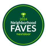 A green circle with the words neighborhood faves nextdoor on it.