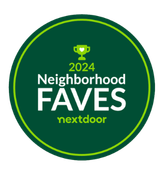 A green circle with the words neighborhood faves nextdoor on it.