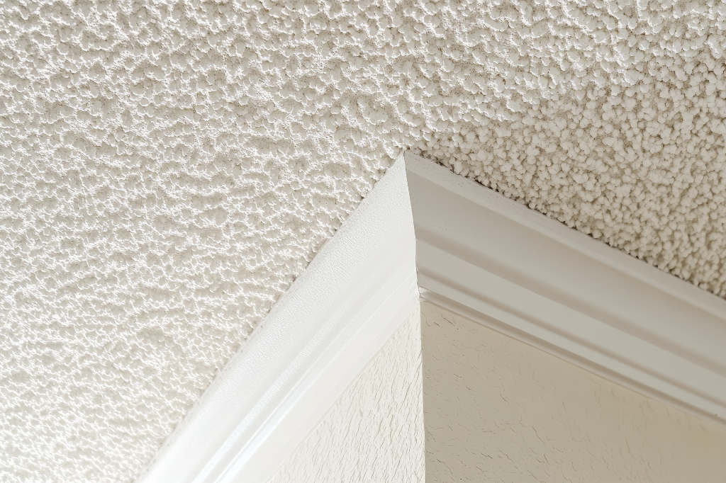 A close up of a white ceiling with a white trim.